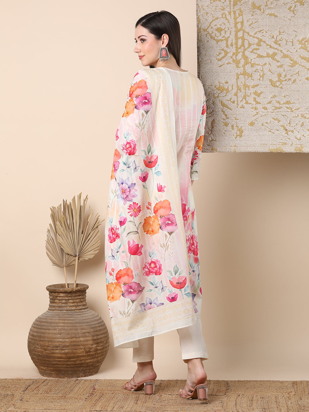 Abstract Watercolor Floral Printed Straight Cut Kurta with Pant & Dupatta - Off White
