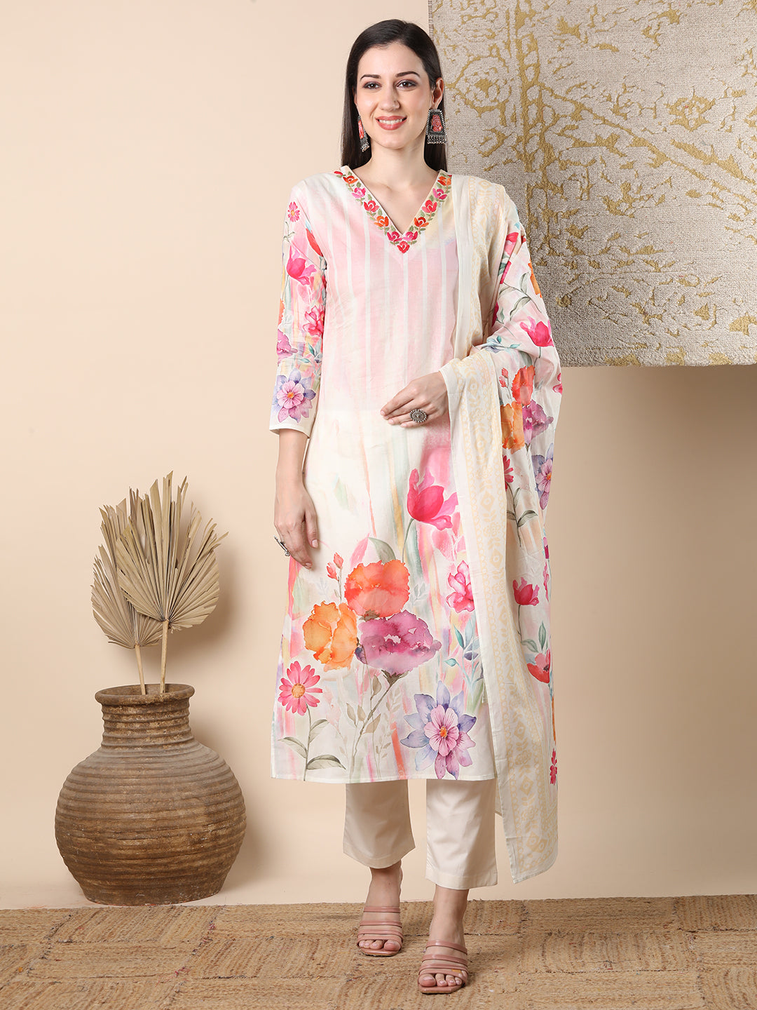 Abstract Watercolor Floral Printed Straight Cut Kurta with Pant & Dupatta - Off White