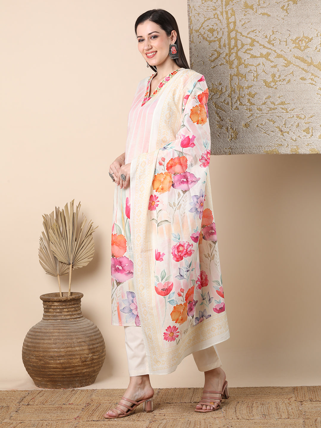 Abstract Watercolor Floral Printed Straight Cut Kurta with Pant & Dupatta - Off White