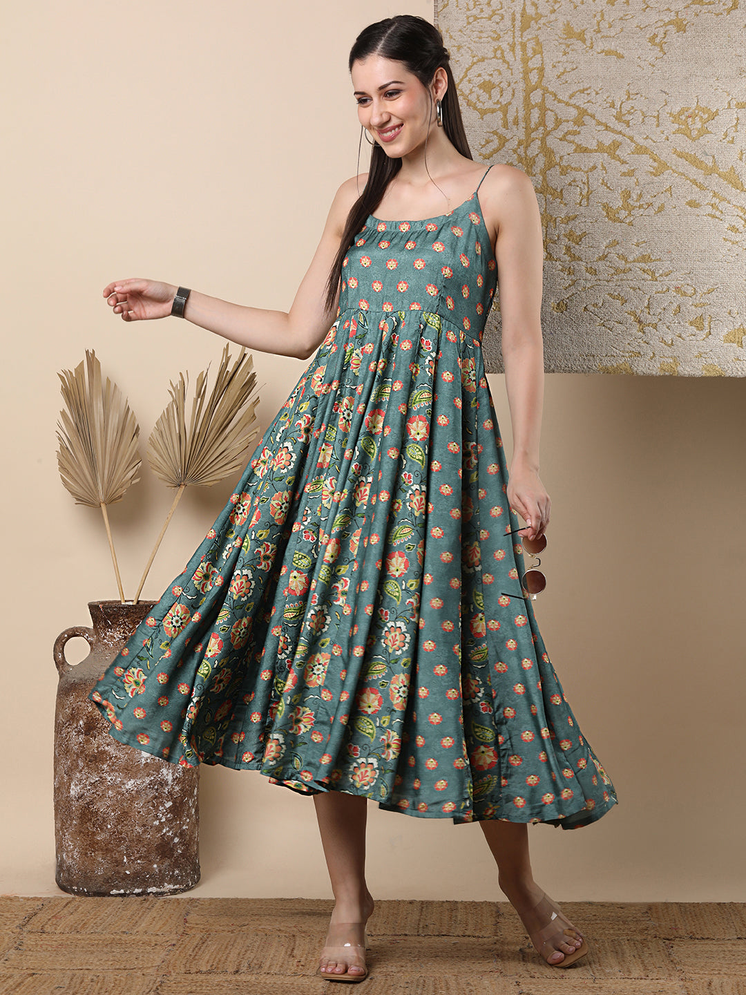 Ethnic Floral Printed Anarkali Flared Midi Dress - Sage Green