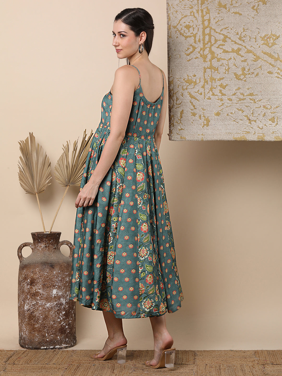 Ethnic Floral Printed Anarkali Flared Midi Dress - Sage Green