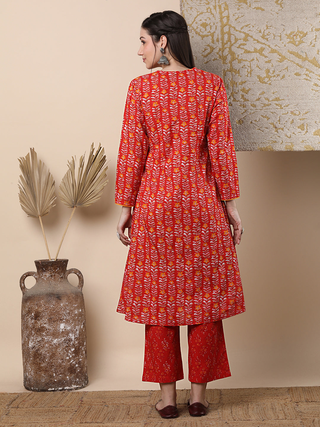Ethnic Floral Printed A-Line Kurta with Palazzo - Red