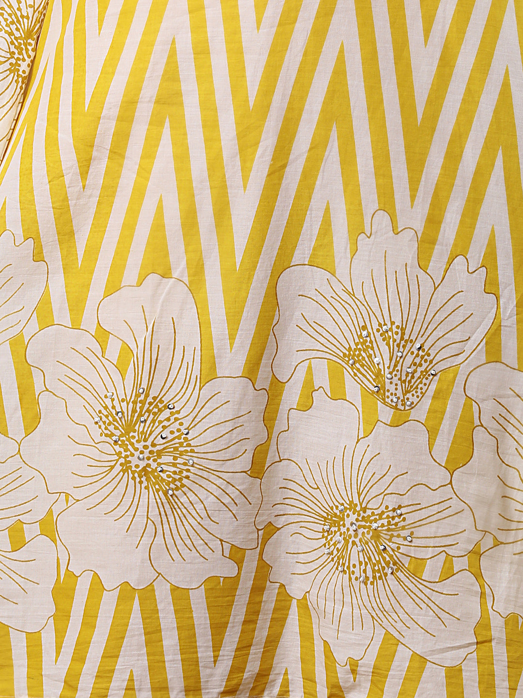 Abstract Floral Stripes Printed & Embroidered Straight Fit Kurta with Pant - Yellow