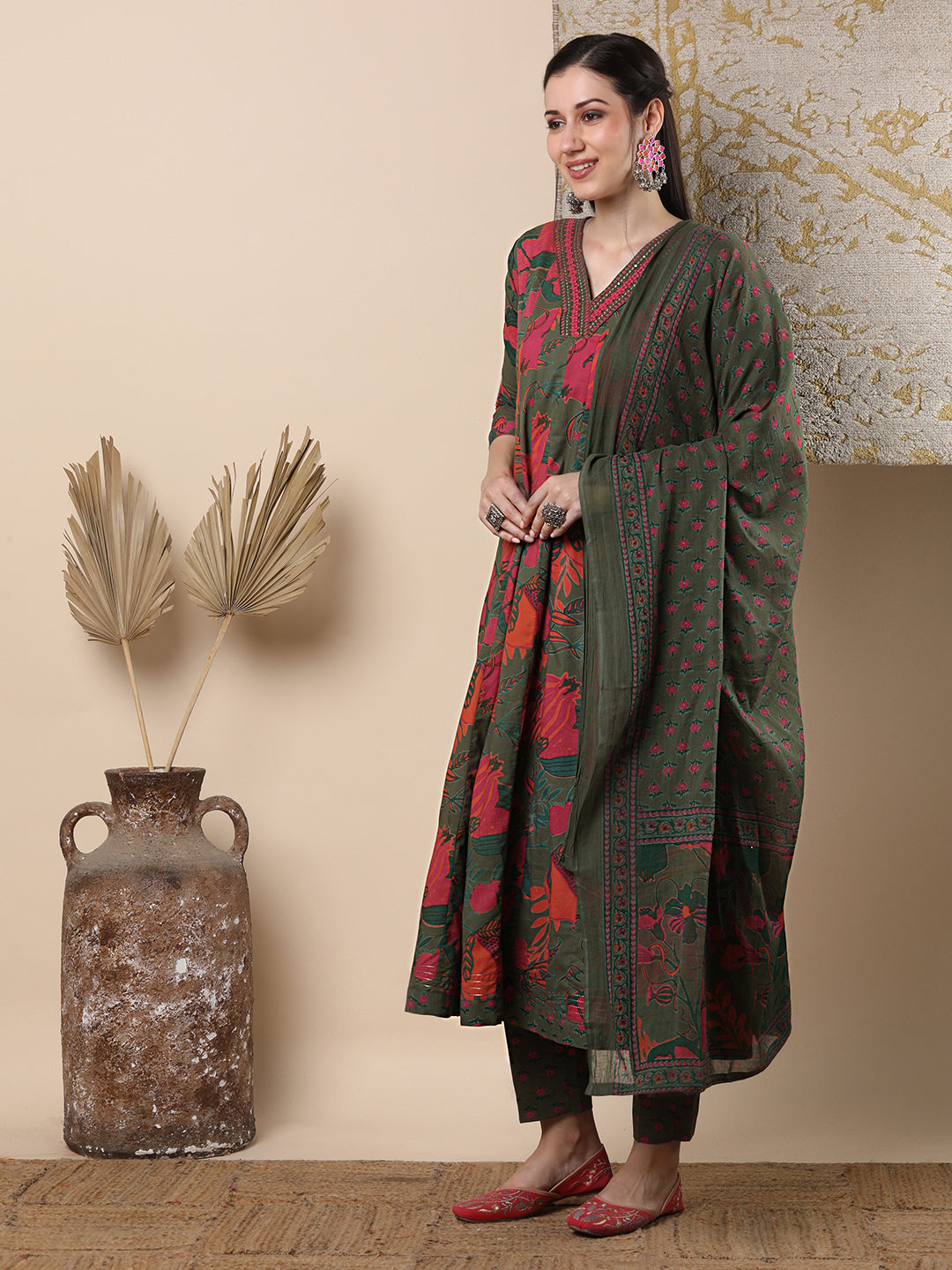 Ethnic Floral Printed & Embroidered Anarkali Flared Kurta with Pant & Dupatta - Green