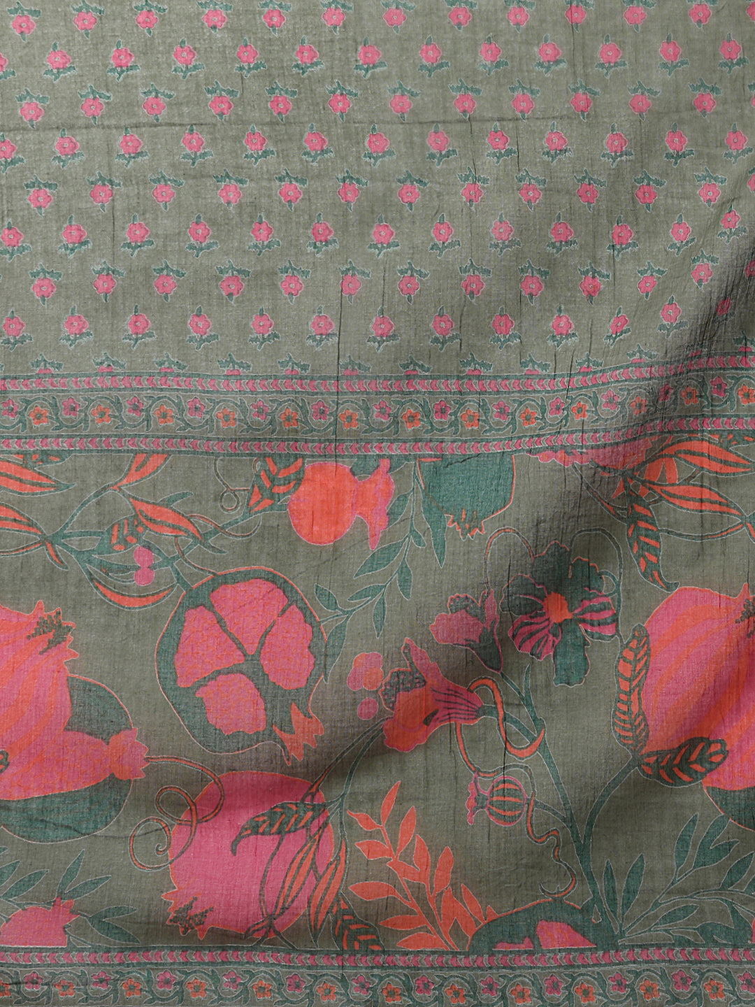 Ethnic Floral Printed & Embroidered Anarkali Flared Kurta with Pant & Dupatta - Green