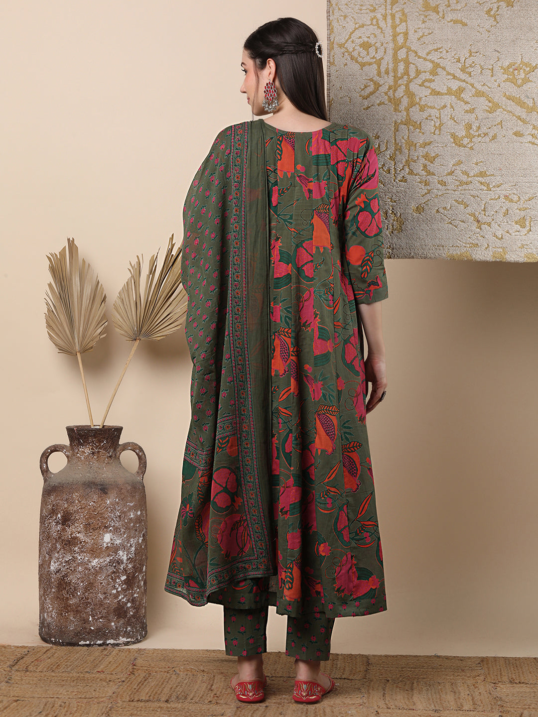 Ethnic Floral Printed & Embroidered Anarkali Flared Kurta with Pant & Dupatta - Green