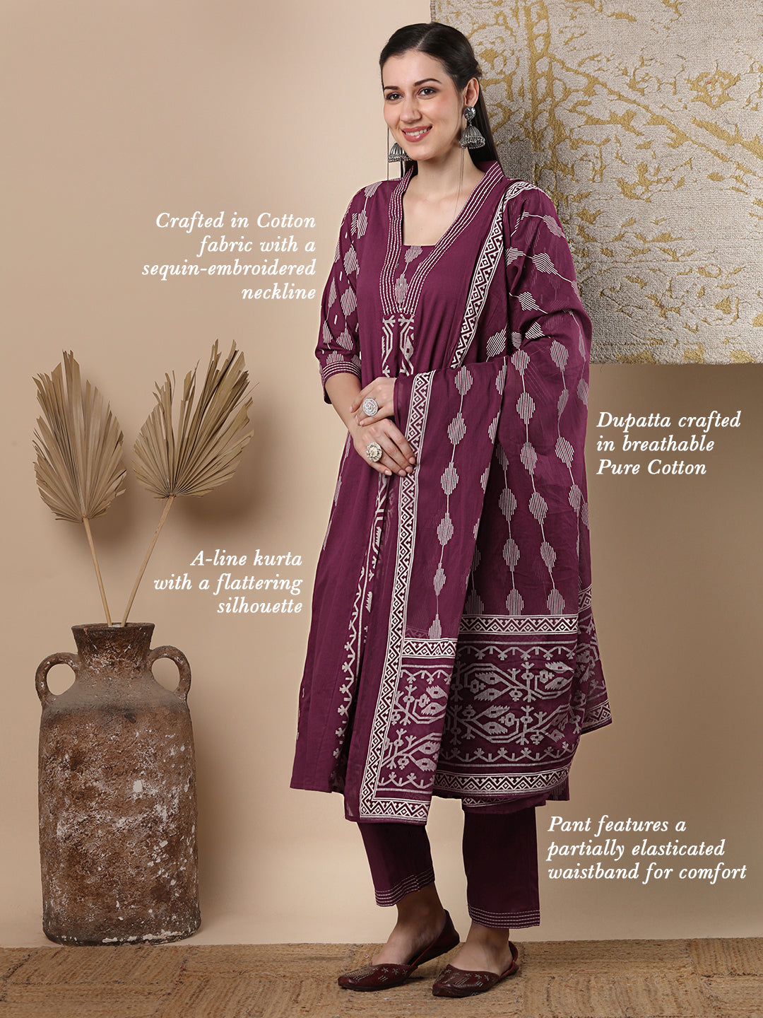 Ethnic Floral Printed Embroidered A-Line Kurta with Pant and Dupatta - Magenta