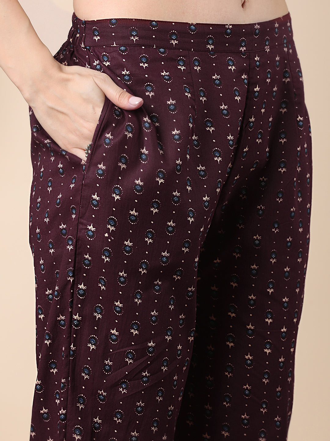 Ethnic Floral Printed & Embroidered Anarkali Flared Kurta with Pant & Dupatta - Burgundy