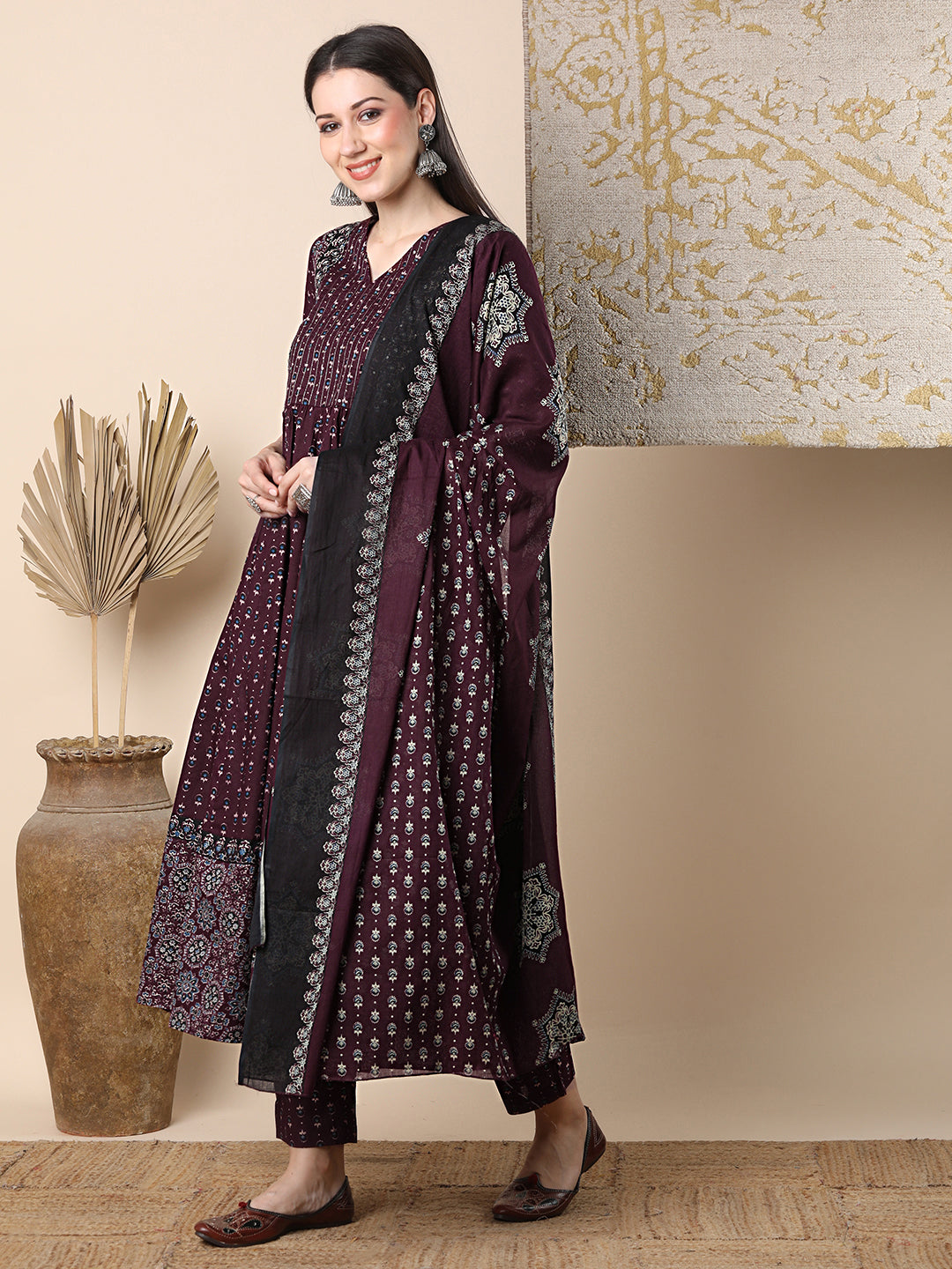 Ethnic Floral Printed & Embroidered Anarkali Flared Kurta with Pant & Dupatta - Burgundy