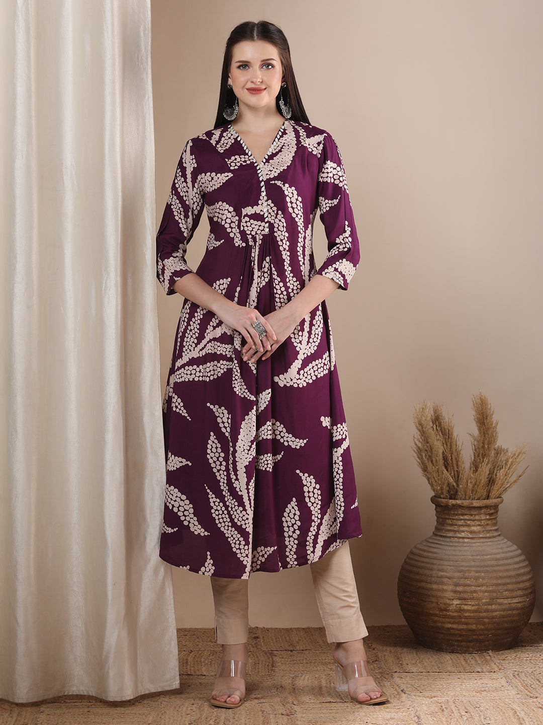 Abstract Floral Printed & Embroidered A-Line Flared Maxi Dress - Purple
