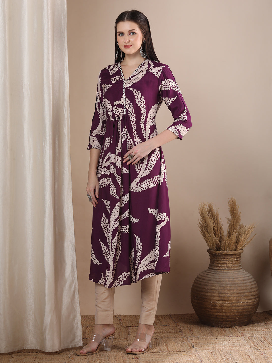 Abstract Floral Printed & Embroidered A-Line Flared Maxi Dress - Purple