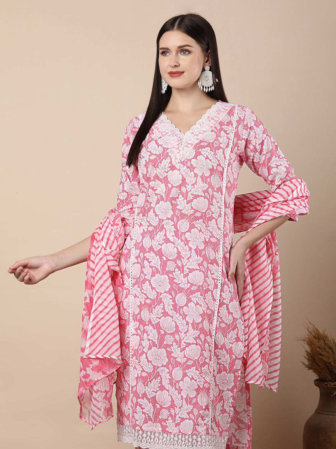 Ethnic Floral Printed Embroidered Straight Fit Kurta with Pant and Dupatta - Pink