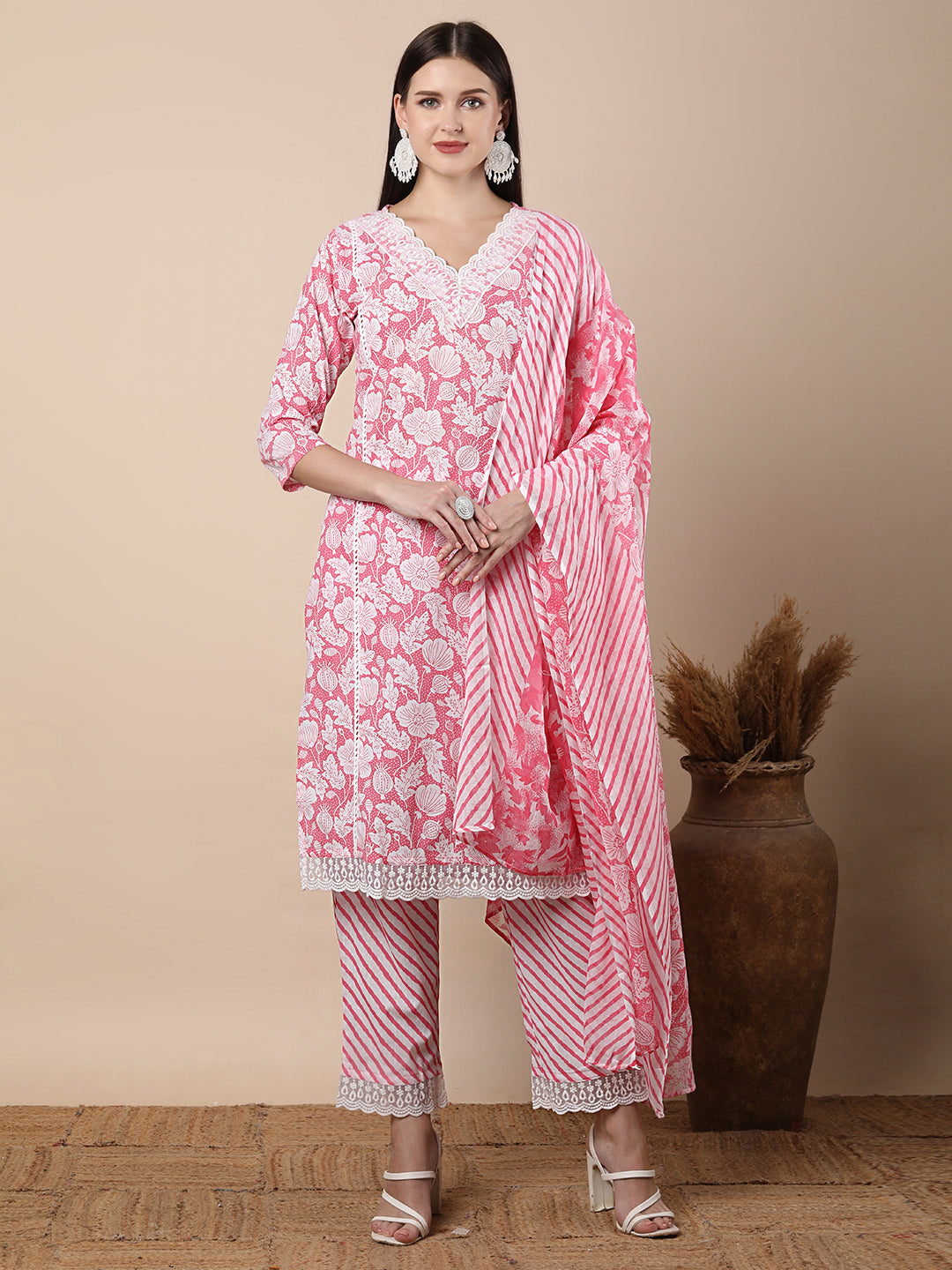 Ethnic Floral Printed Embroidered Straight Fit Kurta with Pant and Dupatta - Pink