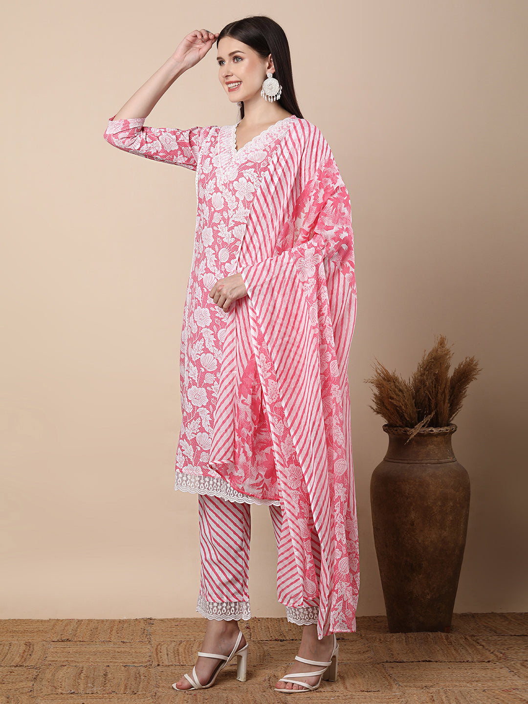 Ethnic Floral Printed Embroidered Straight Fit Kurta with Pant and Dupatta - Pink