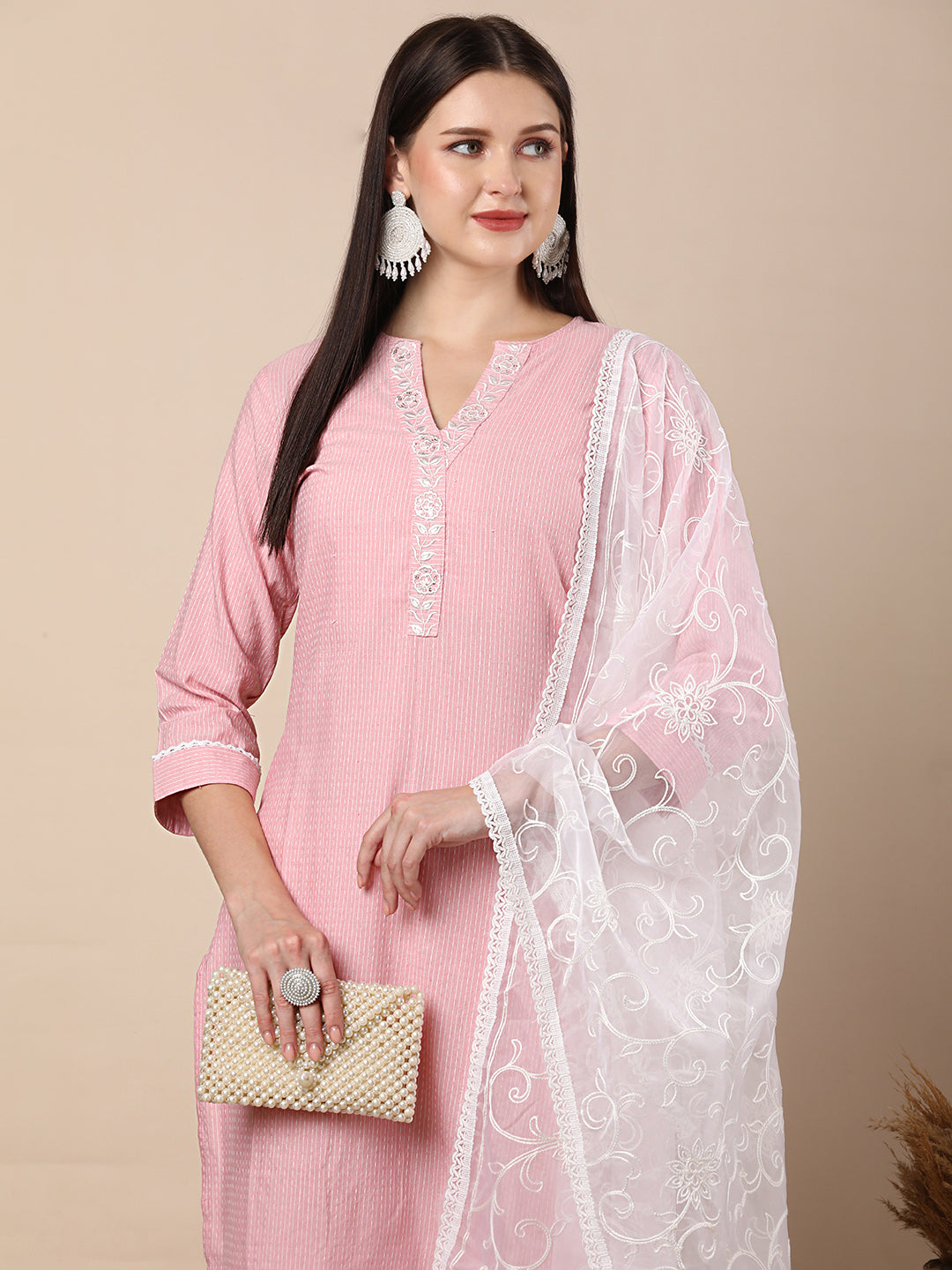 Solid Stripes Woven Straight Fit Kurta with Pant & Dupatta - Pink