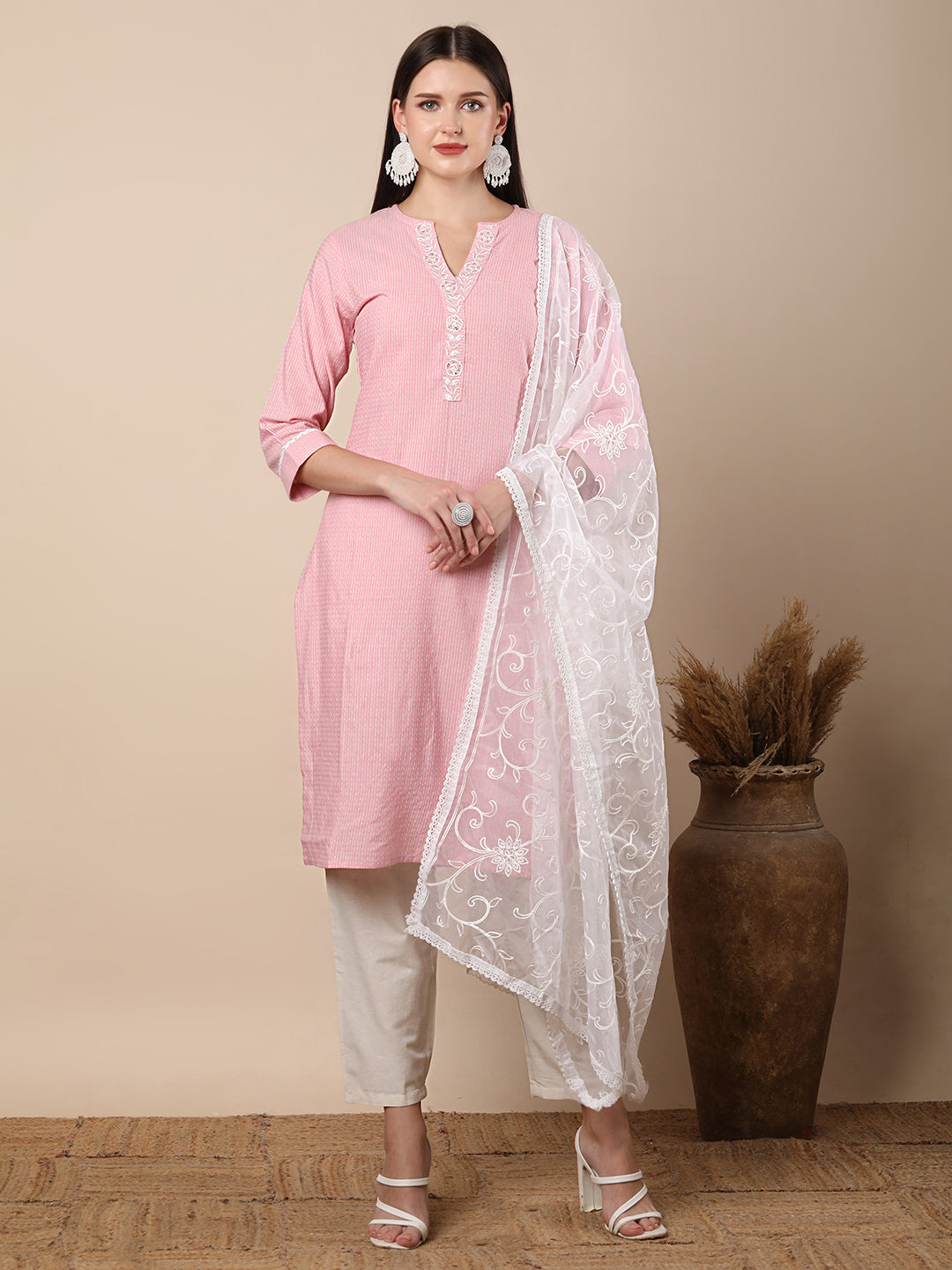 Solid Stripes Woven Straight Fit Kurta with Pant & Dupatta - Pink