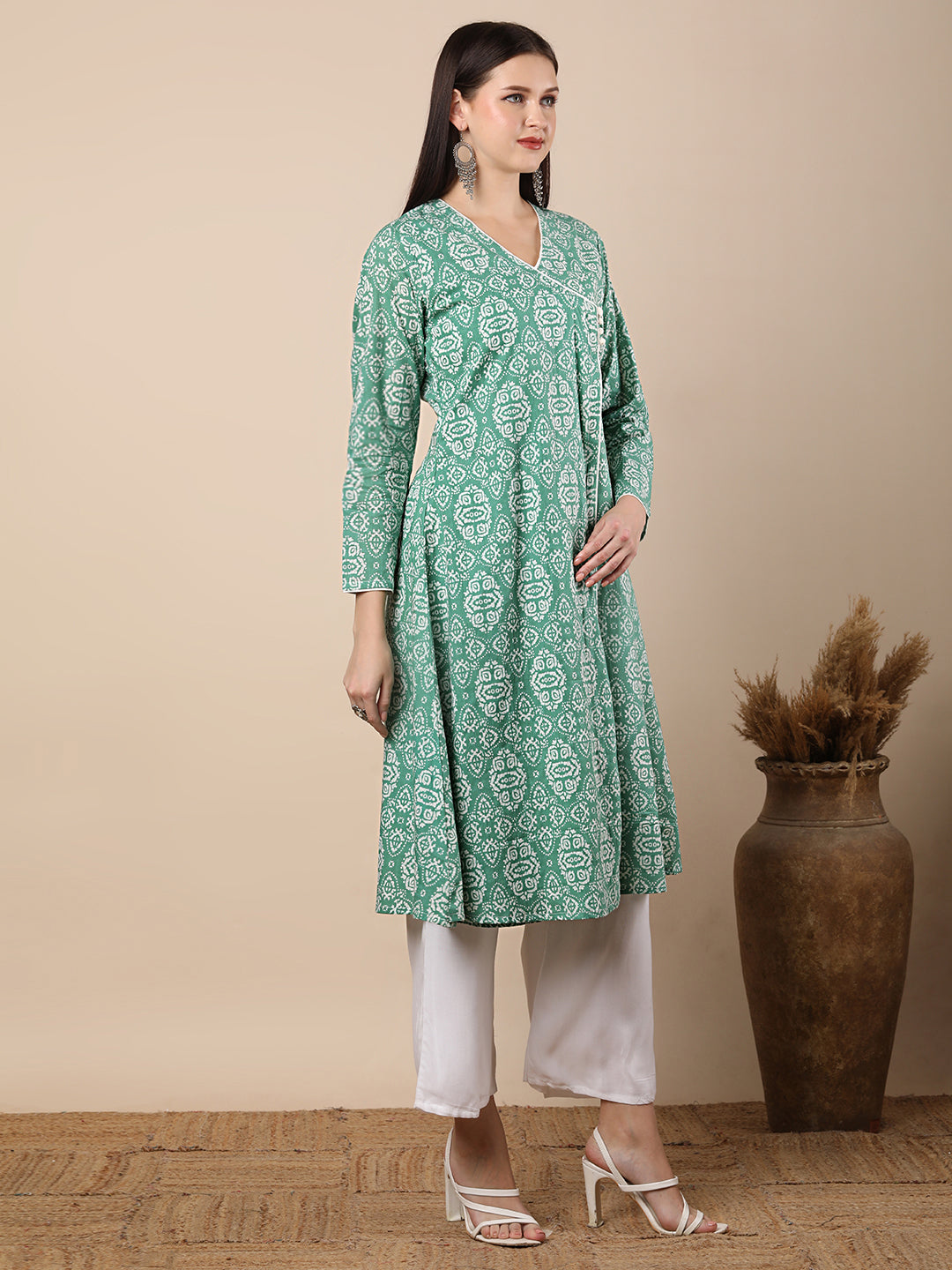 Ethnic Tribal Printed A-Line Angrakha Style Flared Kurta - Green