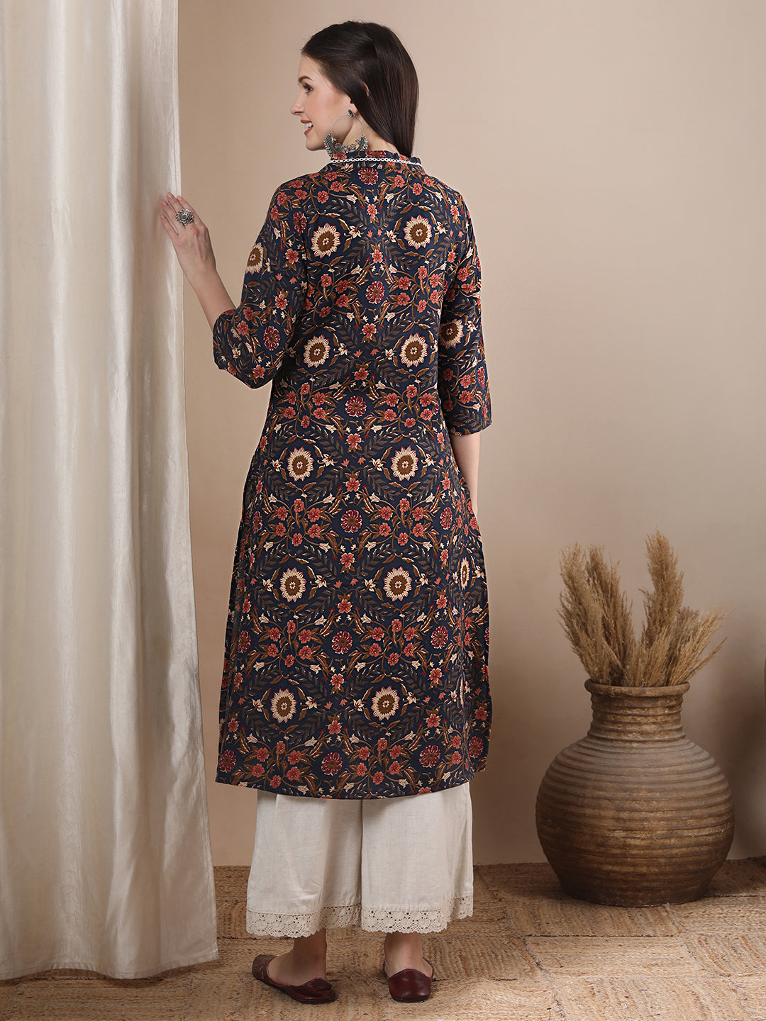 Ethnic Floral Printed A-Line Paneled Kurta - Blue