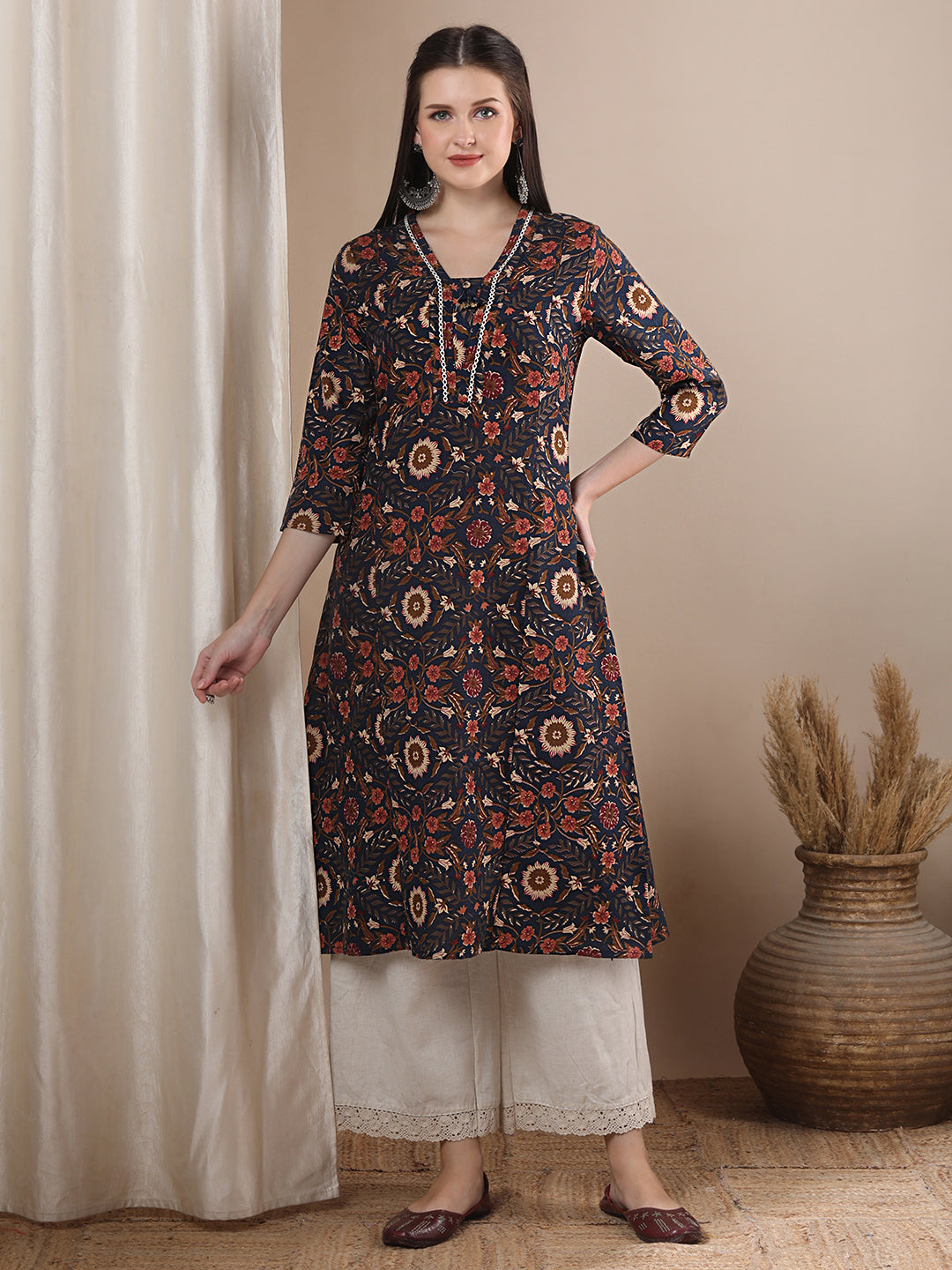 Ethnic Floral Printed A-Line Paneled Kurta - Blue