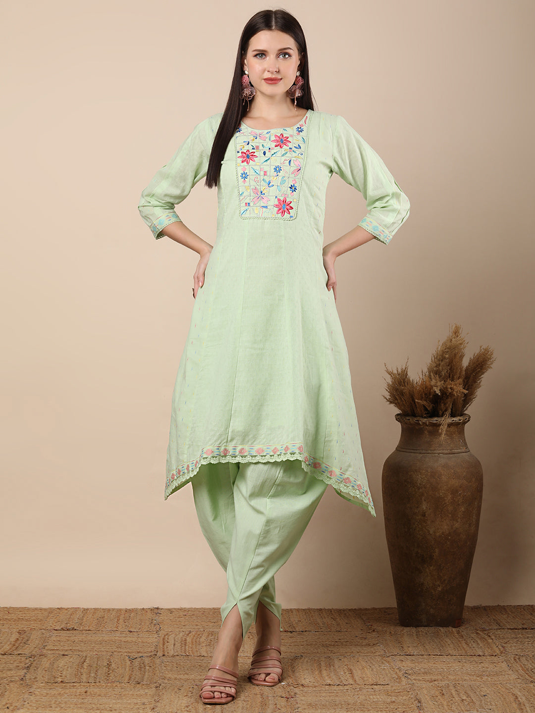 Solid Floral Resham Embroidered Kurta with Dhoti Pant - Light Green FASHOR Solid Floral Resham Embroidered Kurta with Dhoti Pant - Light Green FASHOR