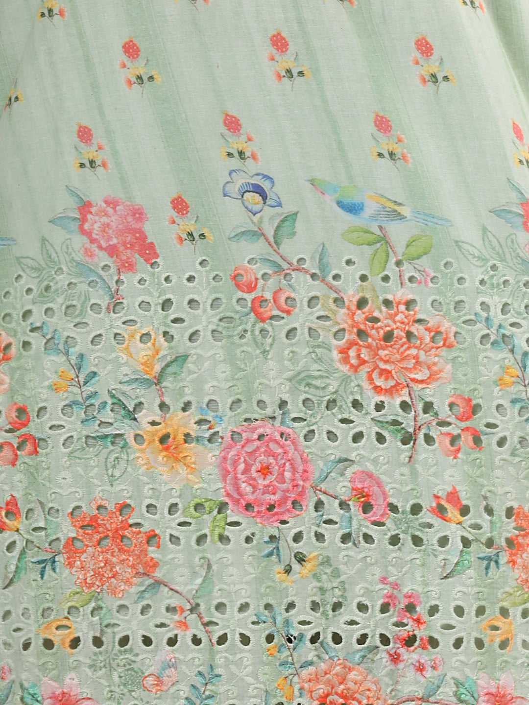 Floral Printed & Kantha Embroidered Straight Fit Co-ord Set - Mint Green