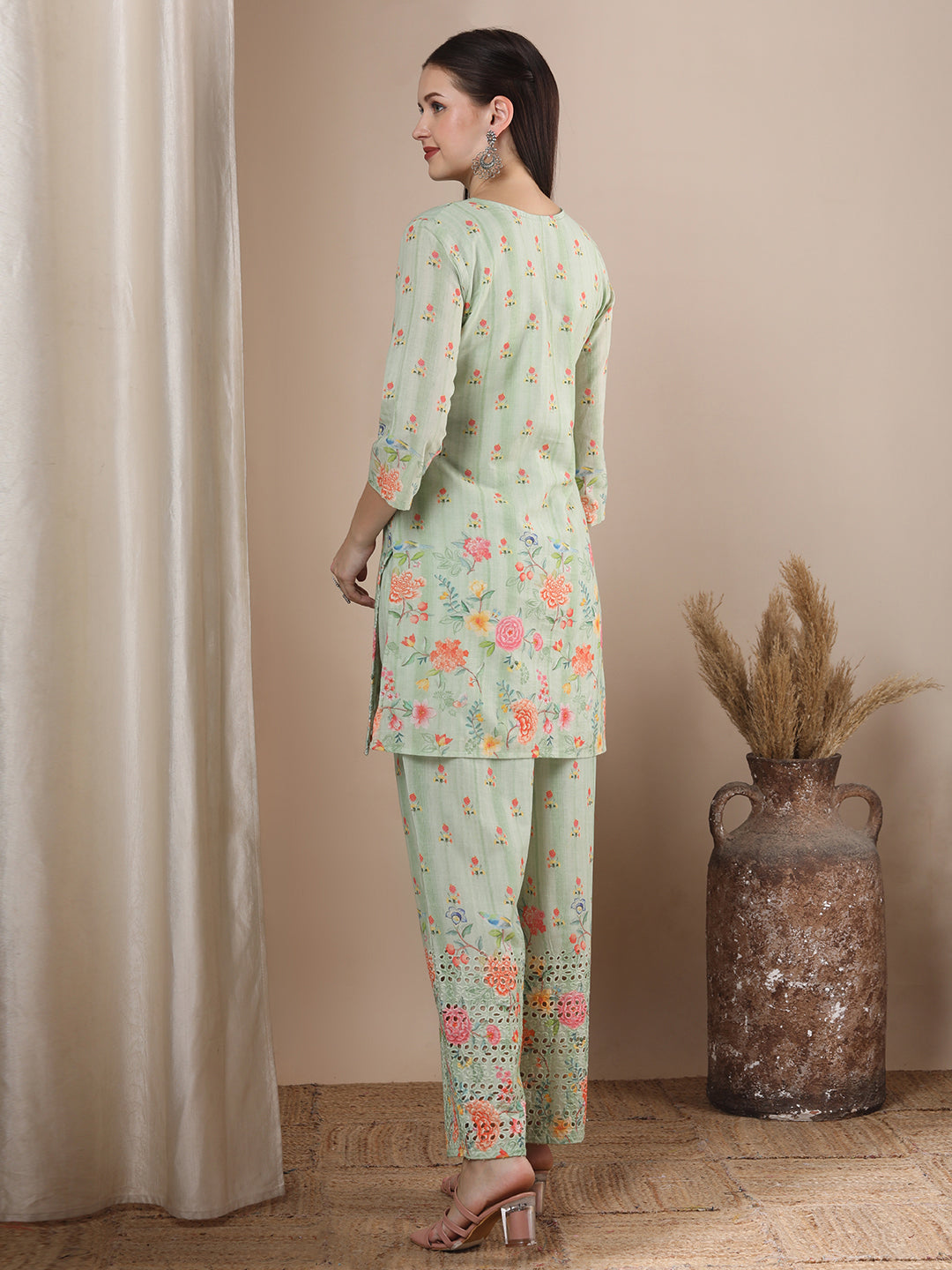 Floral Printed & Kantha Embroidered Straight Fit Co-ord Set - Mint Green