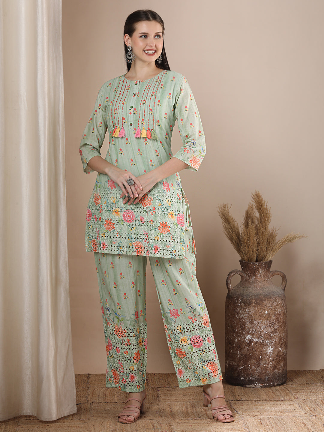 Floral Printed & Kantha Embroidered Straight Fit Co-ord Set - Mint Green