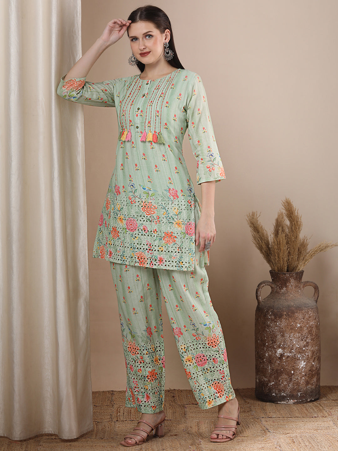 Floral Printed & Kantha Embroidered Straight Fit Co-ord Set - Mint Green