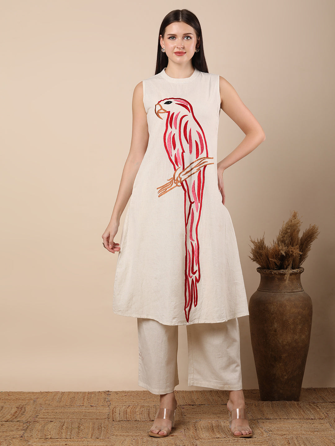 Solid Parrot Threadwork Embroidered A-Line Co-ord Set - Off White
