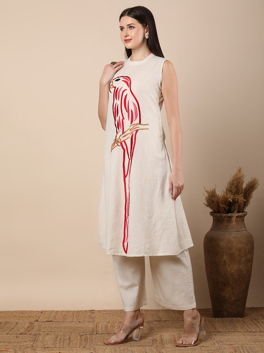 Solid Parrot Threadwork Embroidered A-Line Co-ord Set - Off White