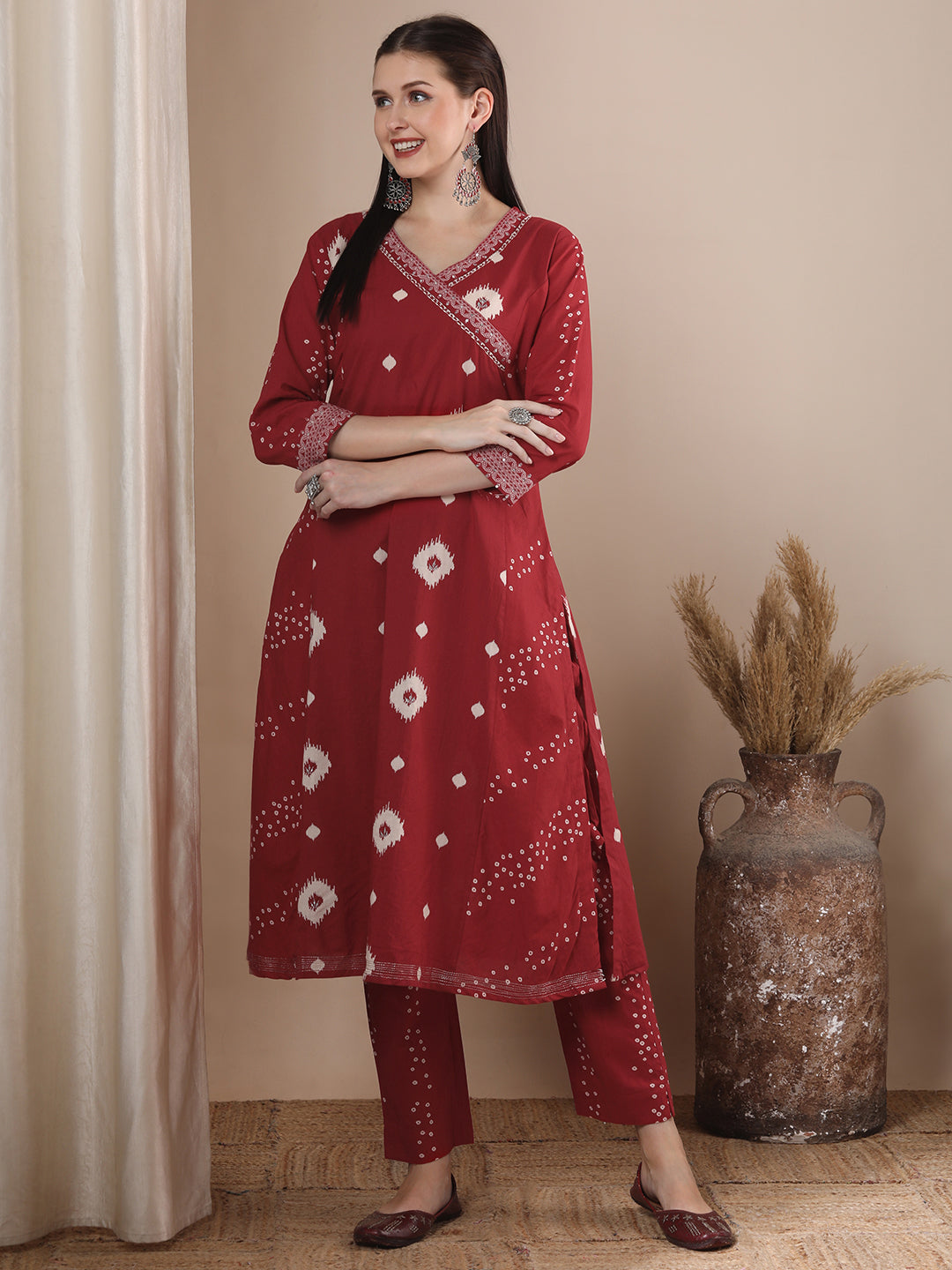 Ethnic Bandhani Printed A-Line Paneled Kurta with Pant - Red