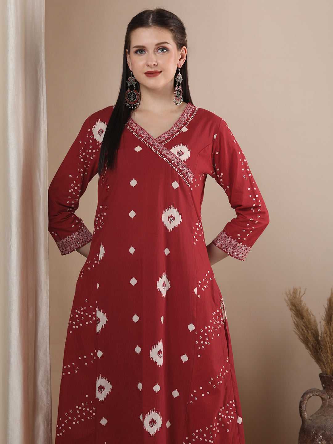 Ethnic Bandhani Printed A-Line Paneled Kurta with Pant - Red