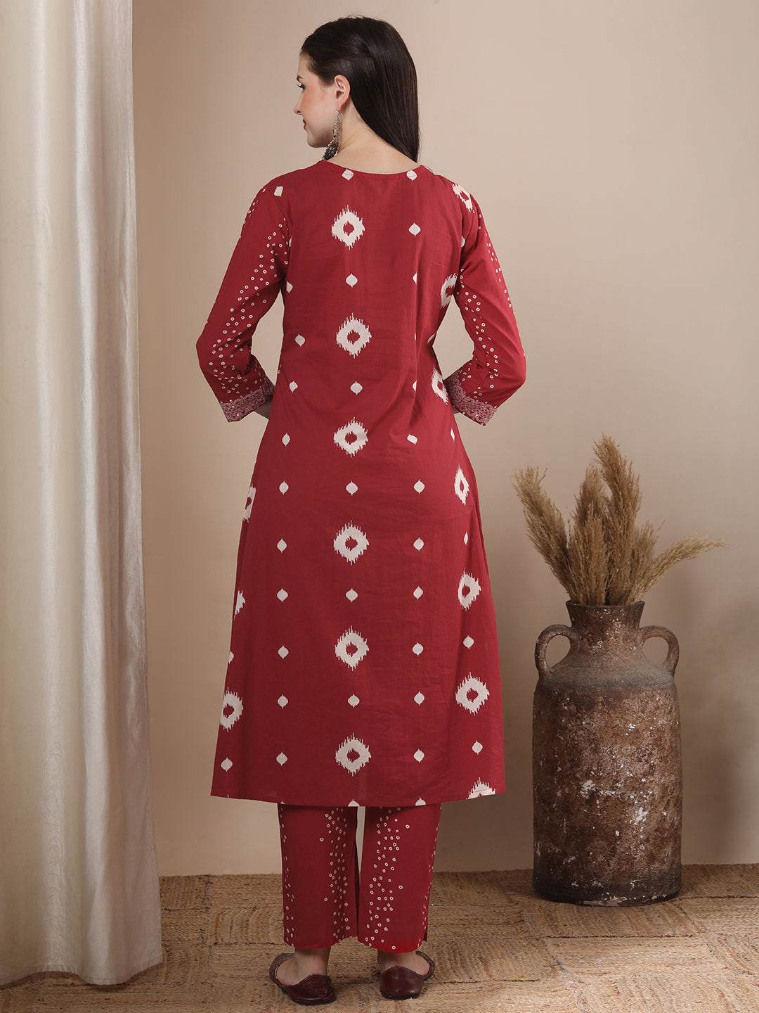 Ethnic Bandhani Printed A-Line Paneled Kurta with Pant - Red
