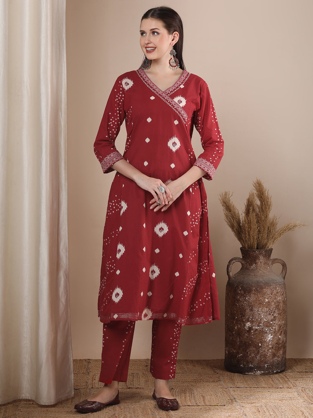 Ethnic Bandhani Printed A-Line Paneled Kurta with Pant - Red