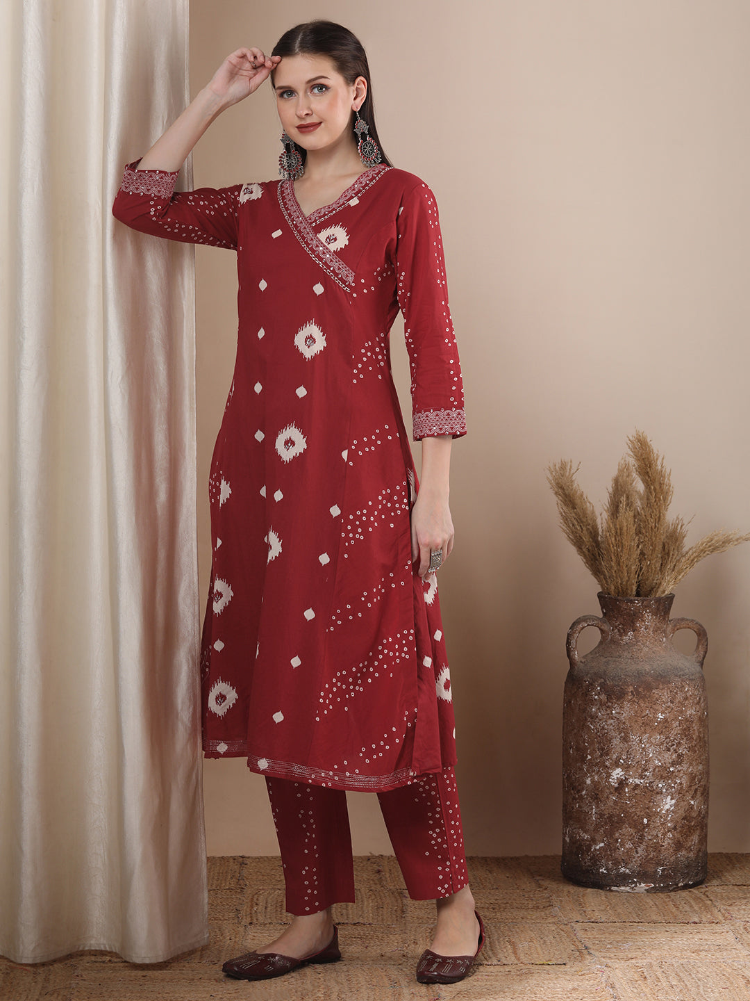 Ethnic Bandhani Printed A-Line Paneled Kurta with Pant - Red