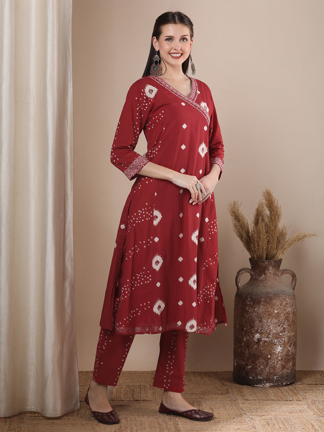 Ethnic Bandhani Printed A-Line Paneled Kurta with Pant - Red