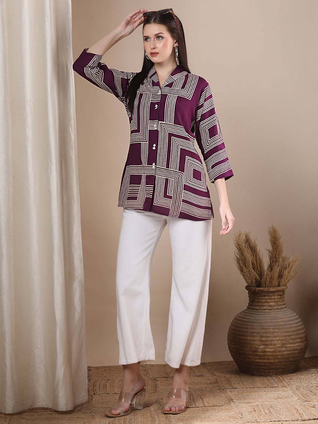 Abstract Geometric Printed Straight Fit Shirt - Purple