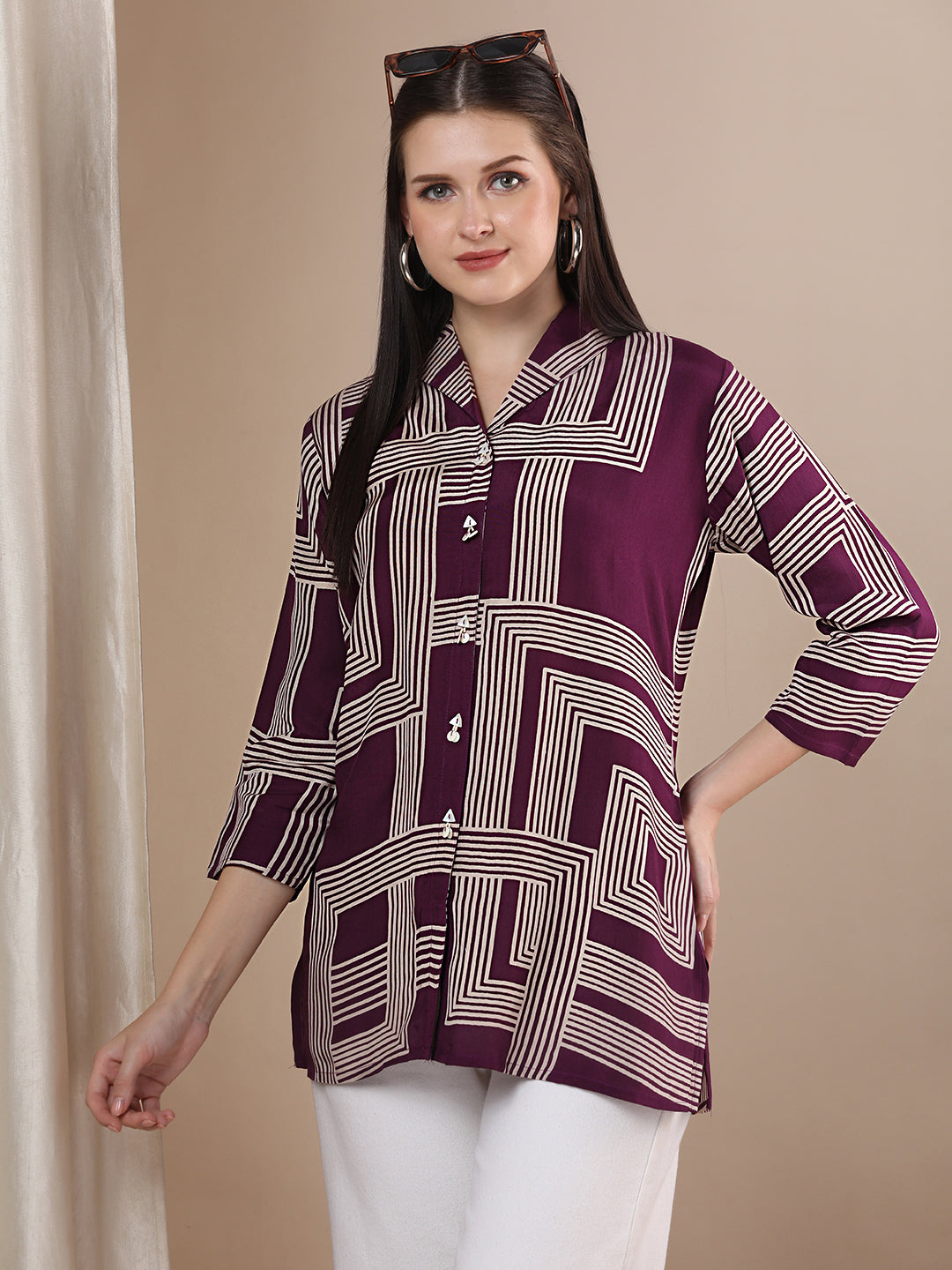 Abstract Geometric Printed Straight Fit Shirt - Purple