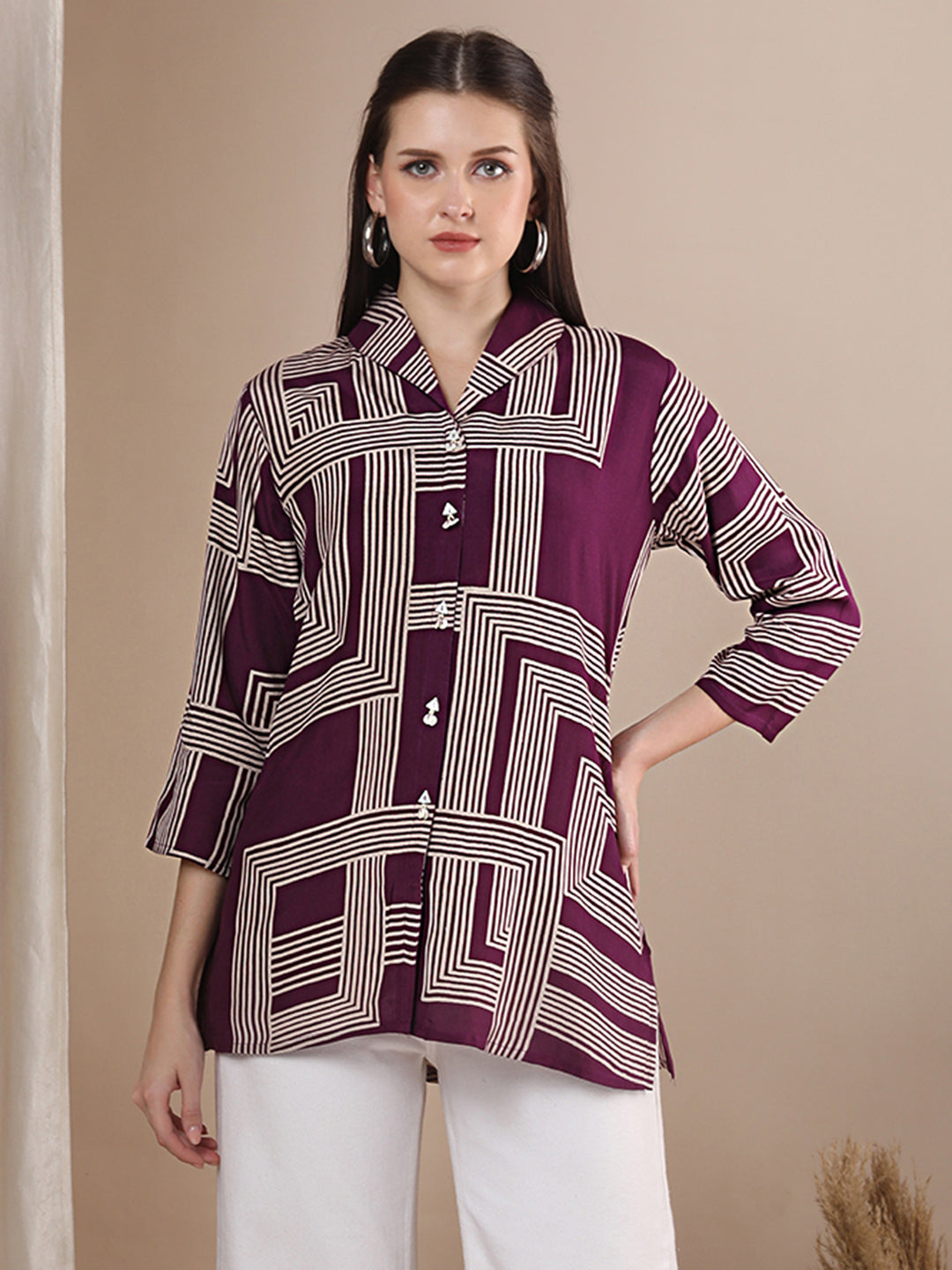 Abstract Geometric Printed Straight Fit Shirt - Purple