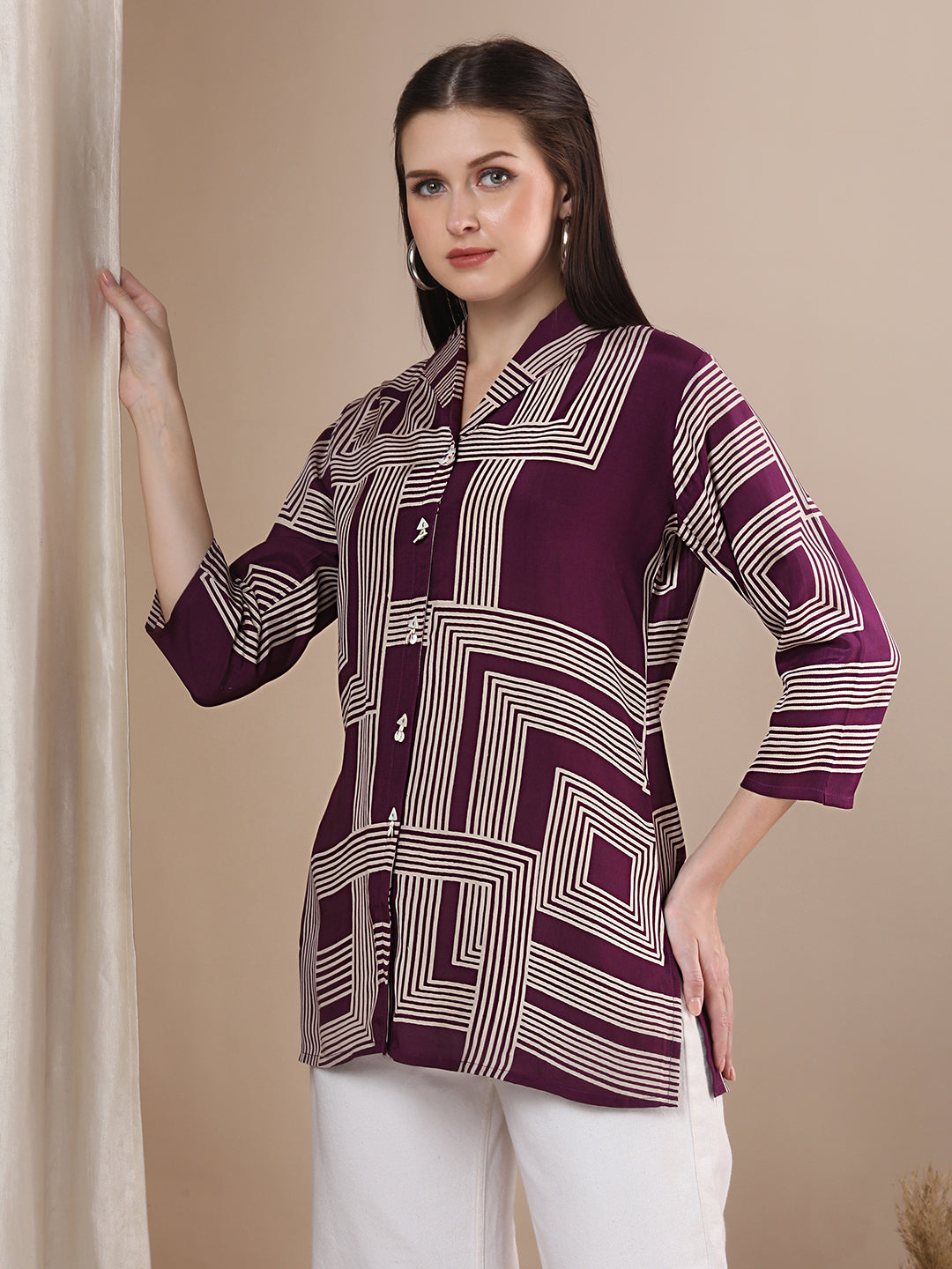 Abstract Geometric Printed Straight Fit Shirt - Purple