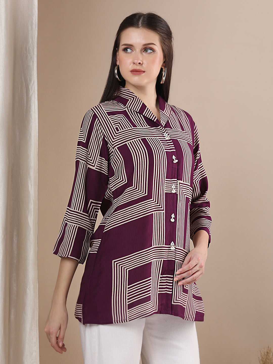 Abstract Geometric Printed Straight Fit Shirt - Purple