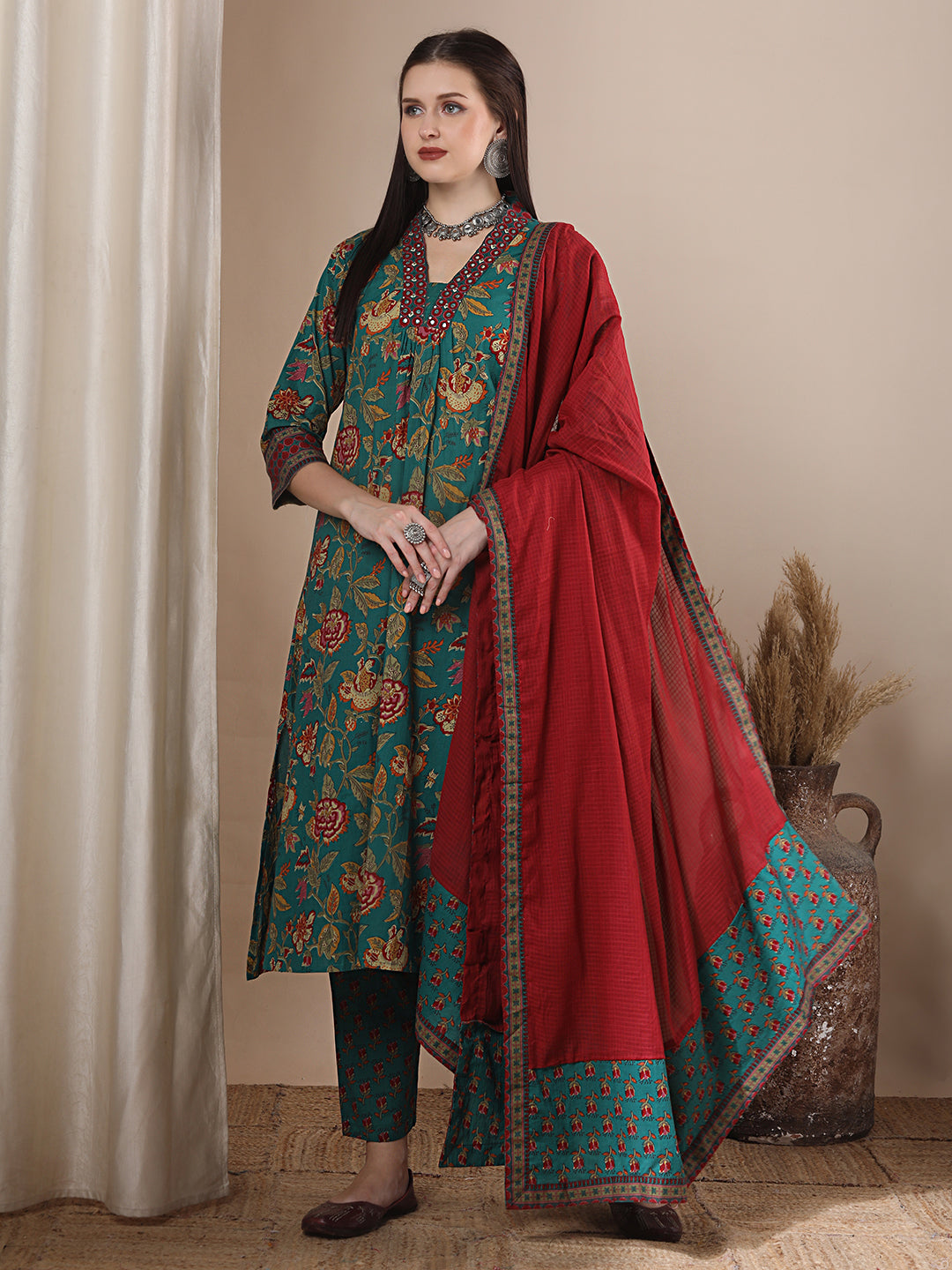 Ethnic Ikat Printed & Embroidered A-line Pleated Kurta with Pant and Dupatta - Sea Green
