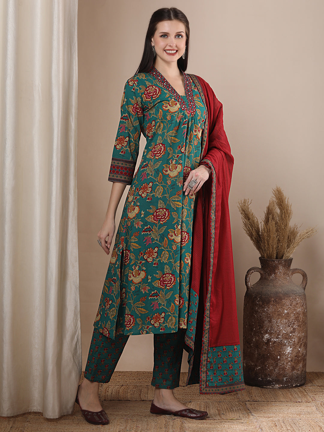 Ethnic Ikat Printed & Embroidered A-line Pleated Kurta with Pant and Dupatta - Sea Green