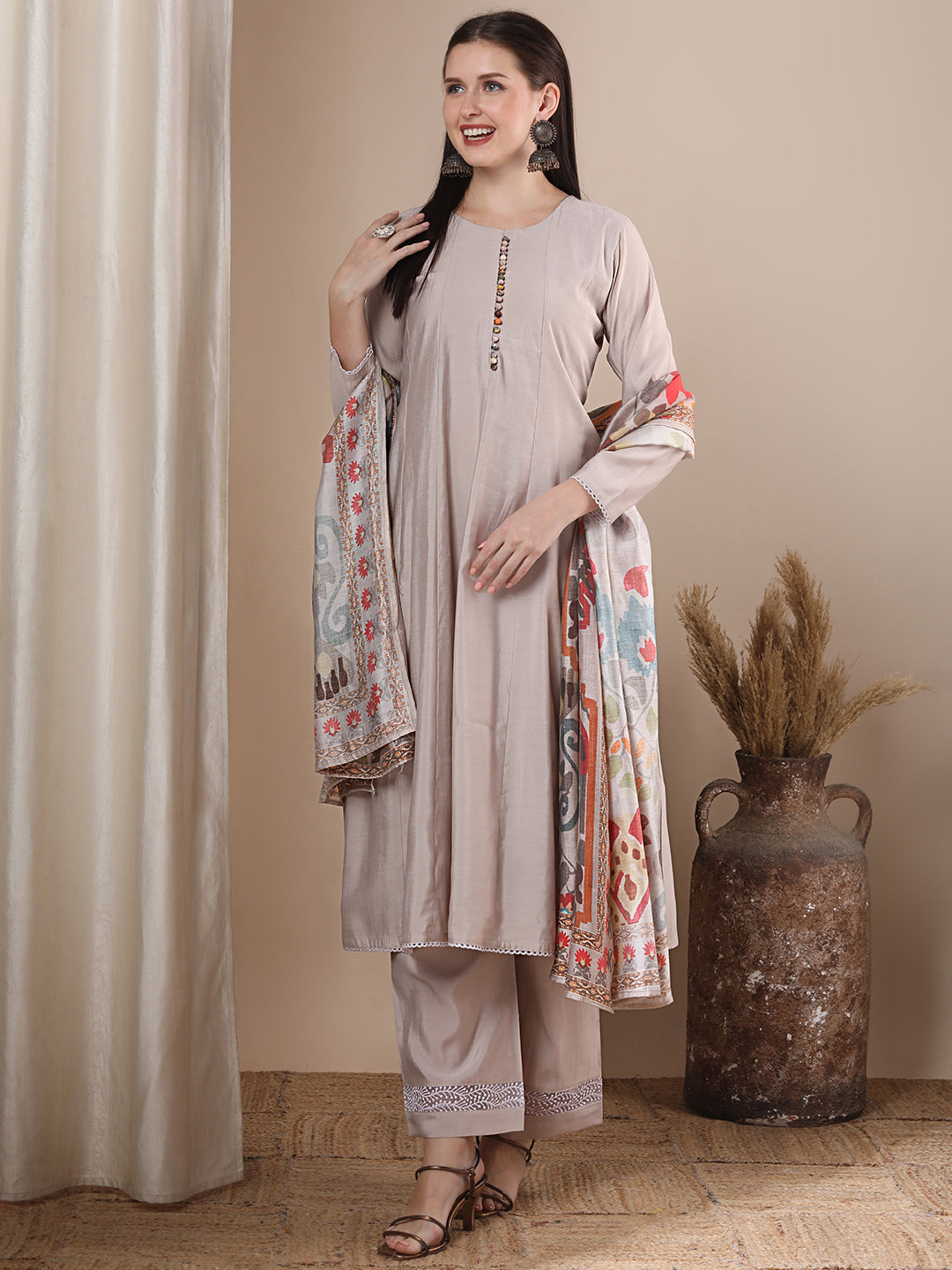 Solid Ethnic Anarkali Flared Kurta with Palazzo and Printed Dupatta - Taupe