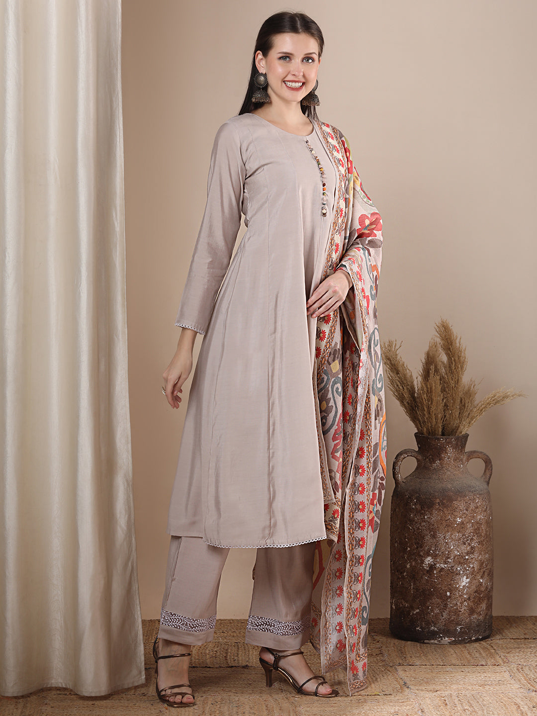 Solid Ethnic Anarkali Flared Kurta with Palazzo and Printed Dupatta - Taupe