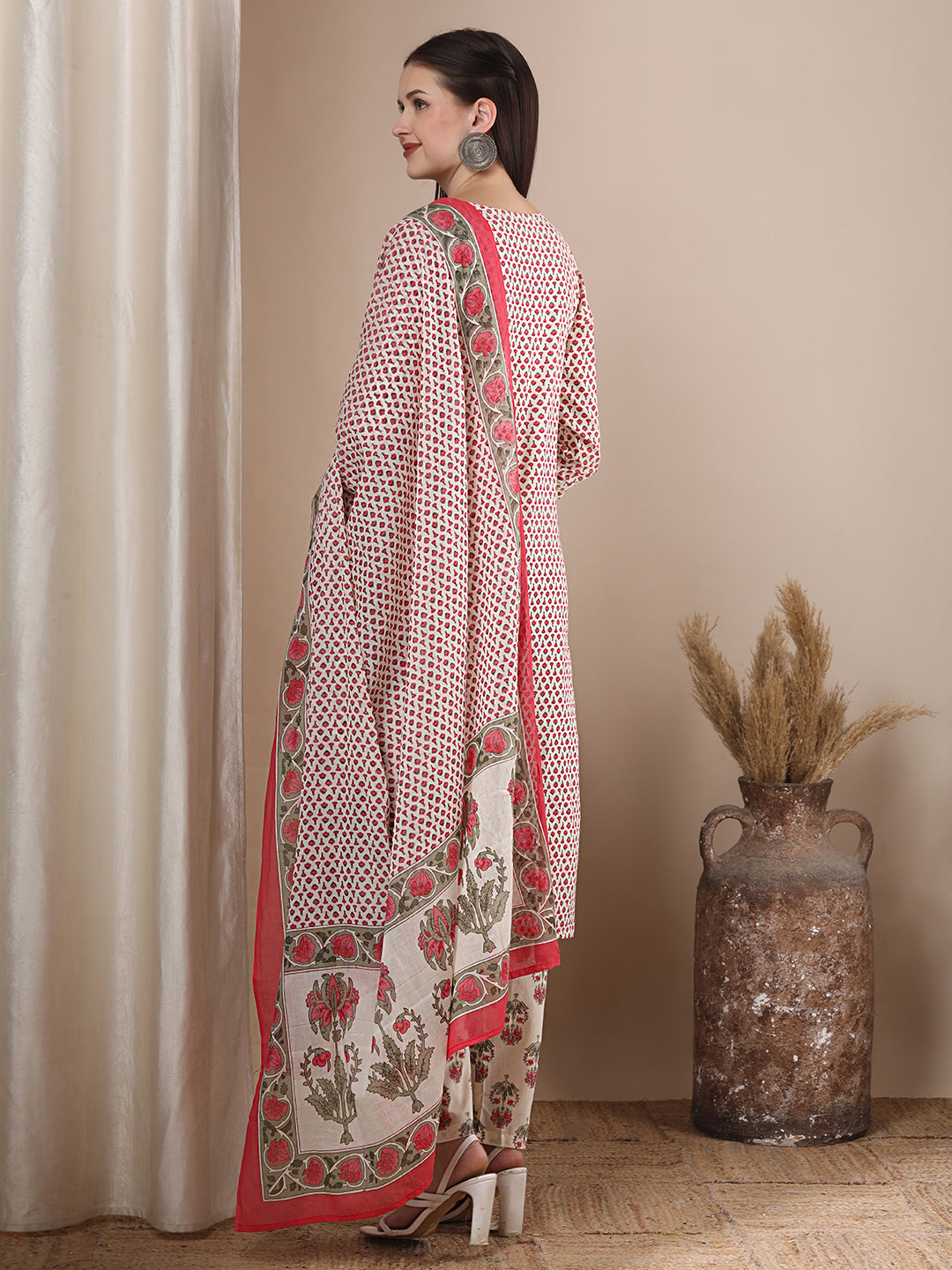 Floral Printed & Embroidered Straight Kurta with Pant & Dupatta - Off White