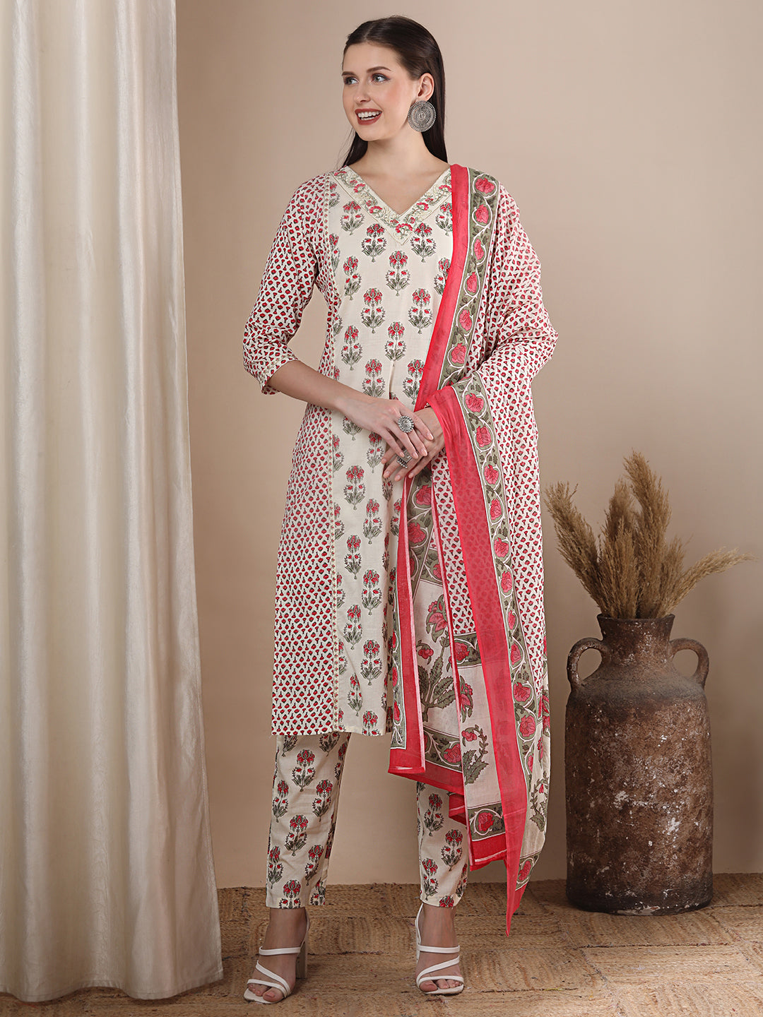 Floral Printed & Embroidered Straight Kurta with Pant & Dupatta - Off White