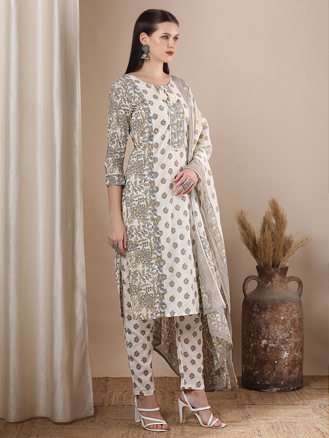 Floral Block Printed & Embroidered Straight Cut Kurta with Pant & Dupatta - Off White
