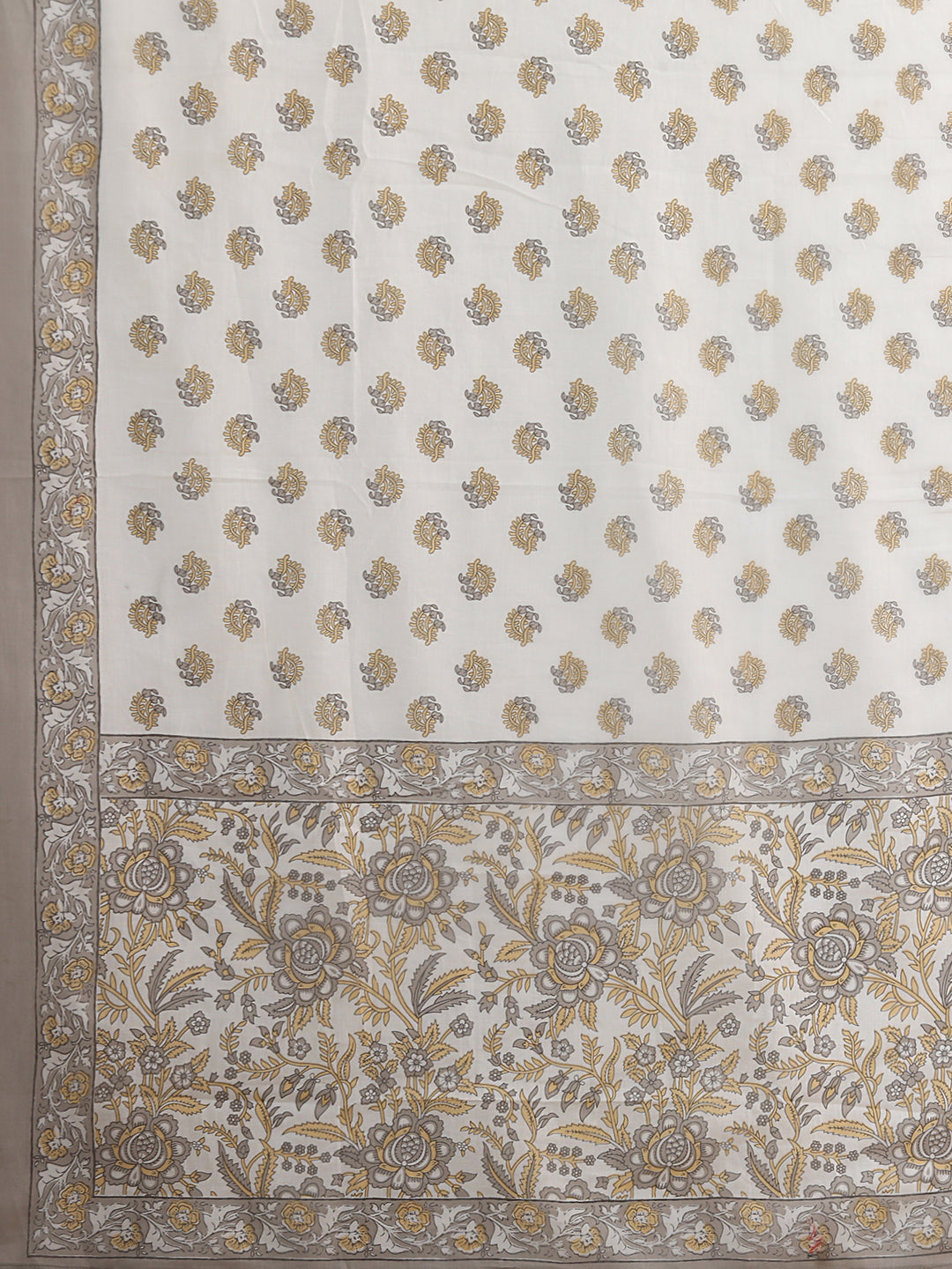 Floral Block Printed & Embroidered Straight Cut Kurta with Pant & Dupatta - Off White