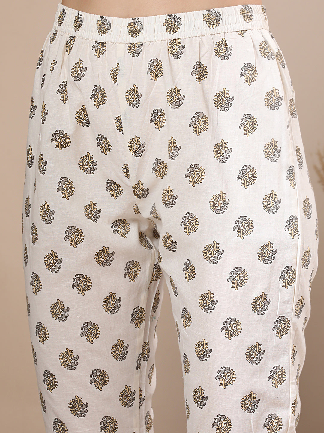 Floral Block Printed & Embroidered Straight Cut Kurta with Pant & Dupatta - Off White